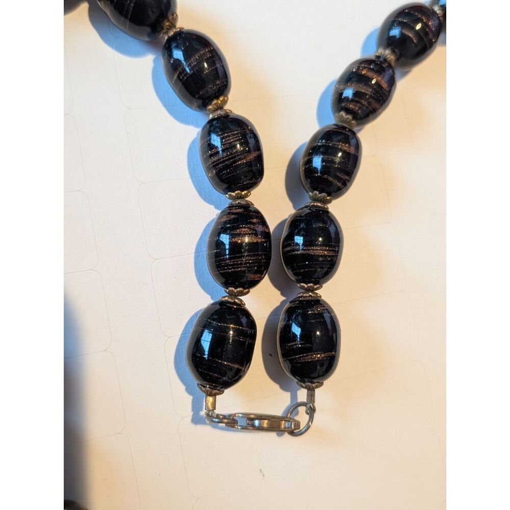 Vintage Black Glass Beaded Necklace Copper Gold Swirl Art Glass Statement